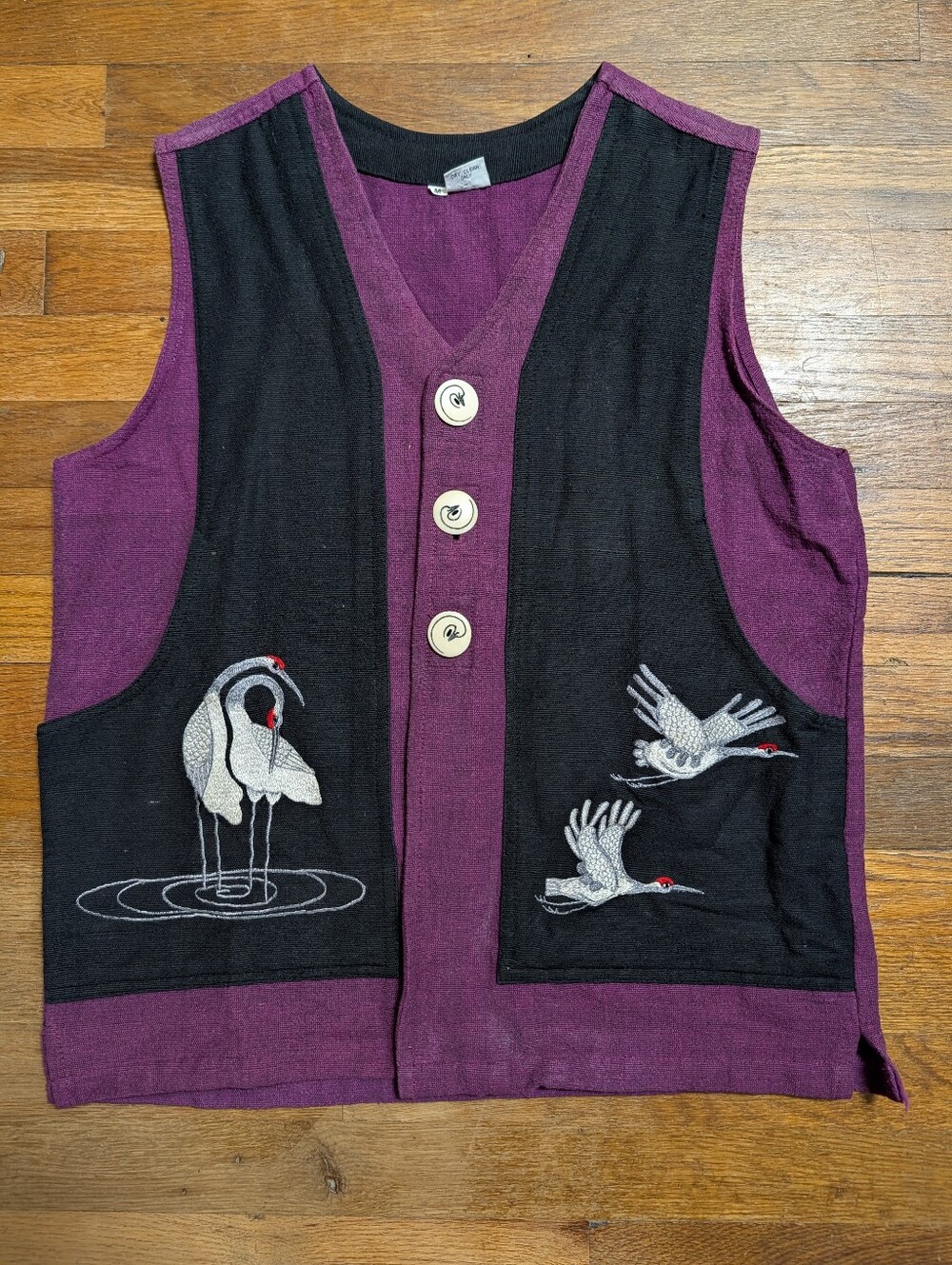 Vintage Art to Wear Japanese Crane Embroidered Vest Purple Black Woven Asian Med - Picture 16 of 16